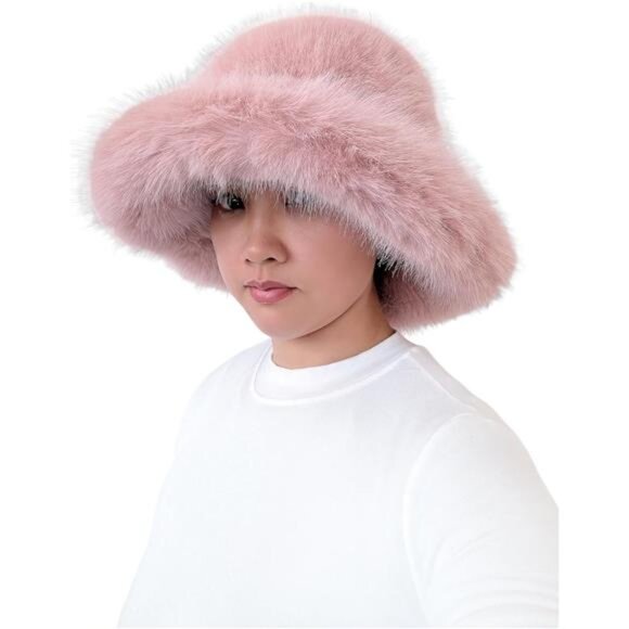 Oversized Winter Faux Fur Bucket Hat for Women Dusty Pink - Picture 3 of 5